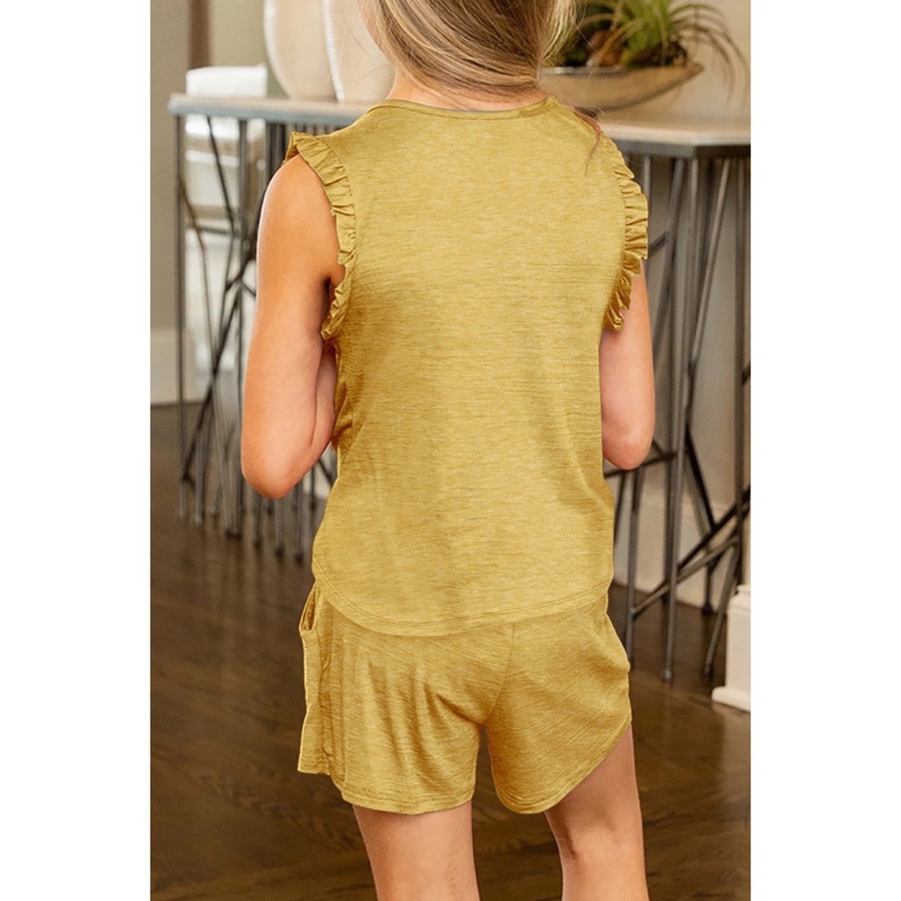 Yellow Solid Color Girl's Ruffle Tank and Drawstring Shorts Set - Picture 2 of 2